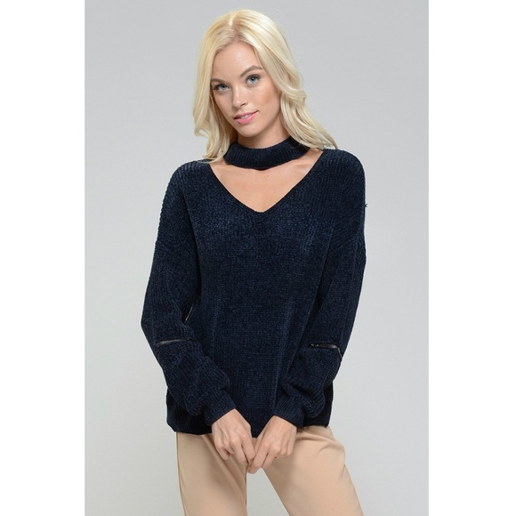 Palm Beach Boutique Sweaters - Navy Choker Detail Knit Sweater
